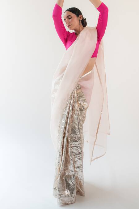 Buy_Kapardara_White Pure Silk Organza Embroidery Lampi Border Saree  _Online_at_Aza_Fashions