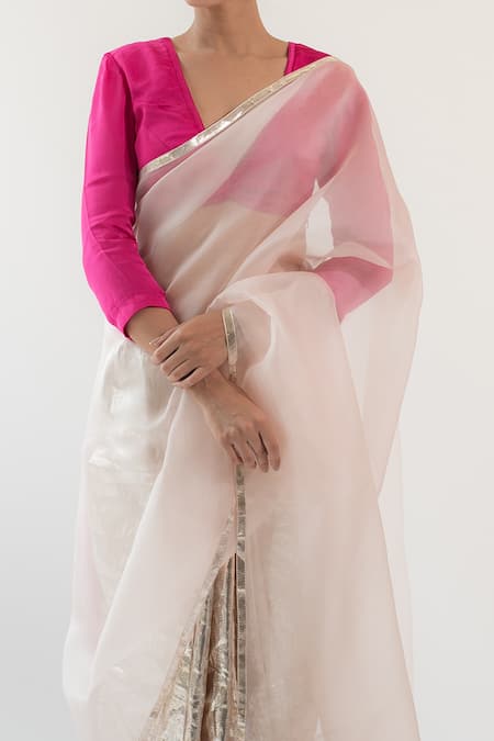 Shop_Kapardara_White Pure Silk Organza Embroidery Lampi Border Saree  _Online_at_Aza_Fashions