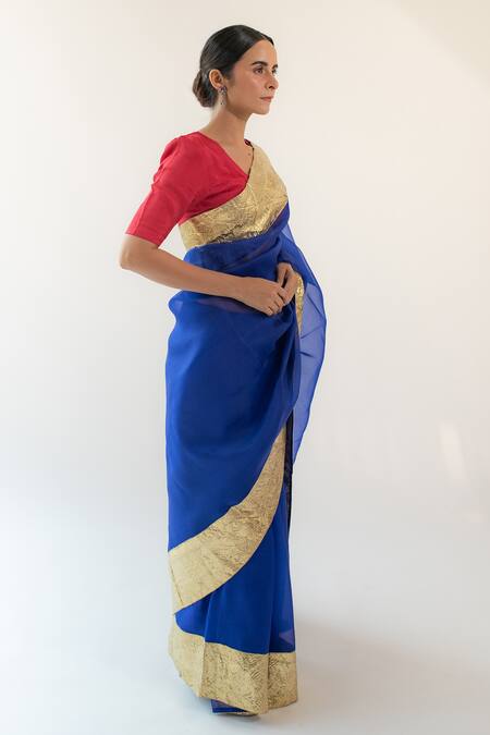 Kapardara_Blue Pure Silk Organza Lampi Border Saree _Online_at_Aza_Fashions
