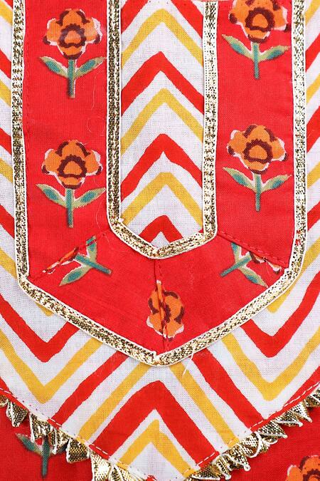 Kids Lane_Red Cotton Embroidery, Gota Patti Kurta Sharara Set_Online_at_Aza_Fashions