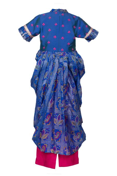 Shop Kids Lane Blue Cotton, Silk, Kota Doria Embroidery Bandhani Draped Kurta And Pant Set at Aza Fashions Shop_Kids Lane_Blue Cotton, Silk, Kota Doria Embroidery Bandhani Draped Kurta And Pant Set_at_Aza_Fashions