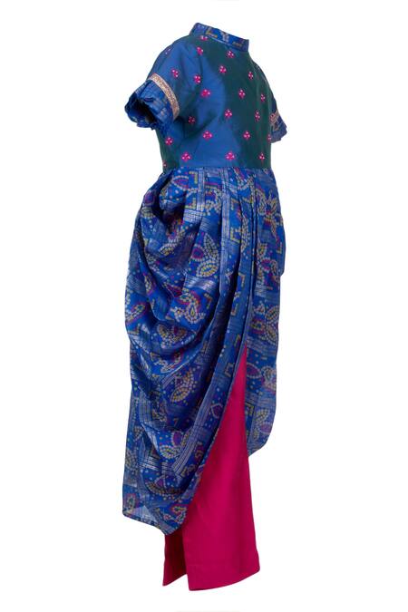 Kids Lane Blue Cotton, Silk, Kota Doria Embroidery Bandhani Draped Kurta And Pant Set Online at Aza Fashions Kids Lane_Blue Cotton, Silk, Kota Doria Embroidery Bandhani Draped Kurta And Pant Set_Online_at_Aza_Fashions