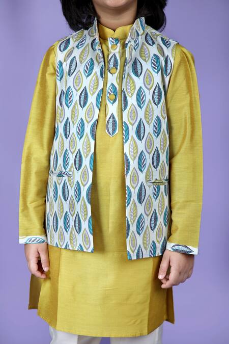 Buy_Kids Lane_Blue Rayon, Silk, Cotton Leaf Printed Bundi And Kurta Set_Online_at_Aza_Fashions