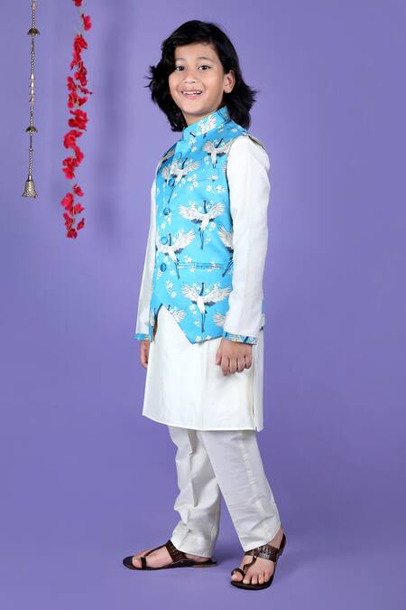 Kids Lane_Blue Cotton, Silk Embroidery Cranes Print Bundi Set_Online_at_Aza_Fashions