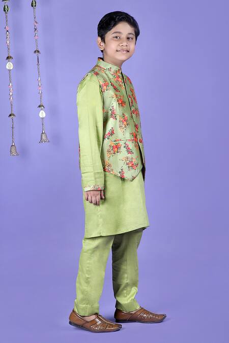Kids Lane_Green Cotton, Silk Embroidery Floral Print Bundi And Kurta Set_Online_at_Aza_Fashions