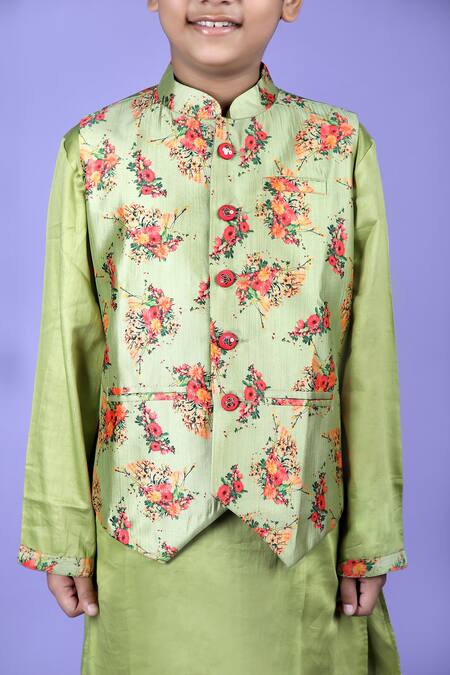 Buy_Kids Lane_Green Cotton, Silk Embroidery Floral Print Bundi And Kurta Set_Online_at_Aza_Fashions
