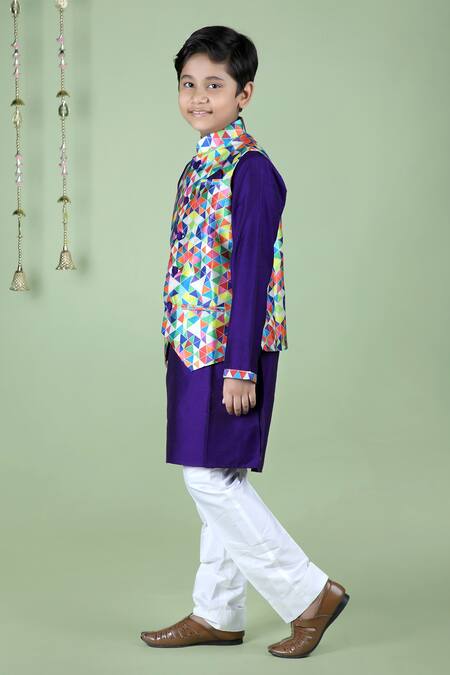 Kids Lane_Purple Cotton, Silk Kaleidoscope Print Bundi And Kurta Set_Online_at_Aza_Fashions