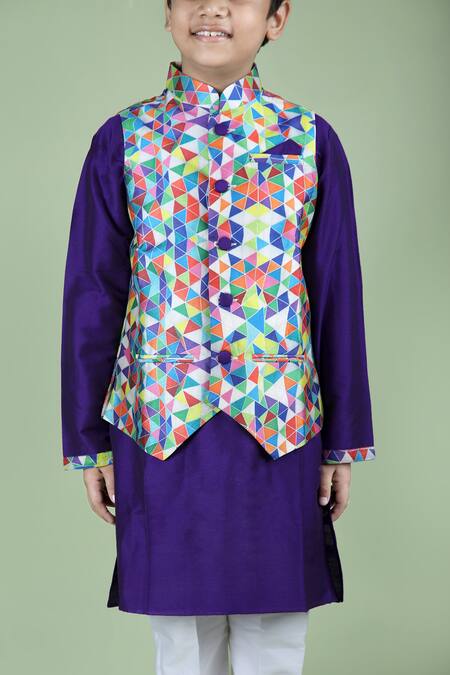 Buy_Kids Lane_Purple Cotton, Silk Kaleidoscope Print Bundi And Kurta Set_Online_at_Aza_Fashions