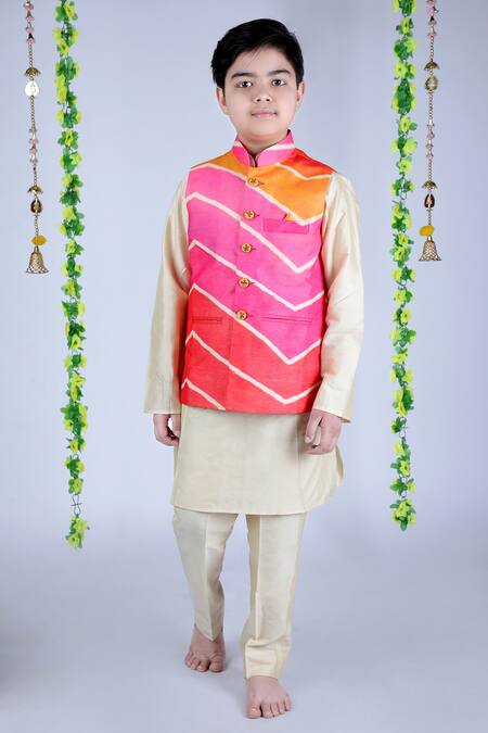 Kids Lane_Multi Color Silk, Cotton Lehriya Print Bundi And Kurta Set_Online_at_Aza_Fashions