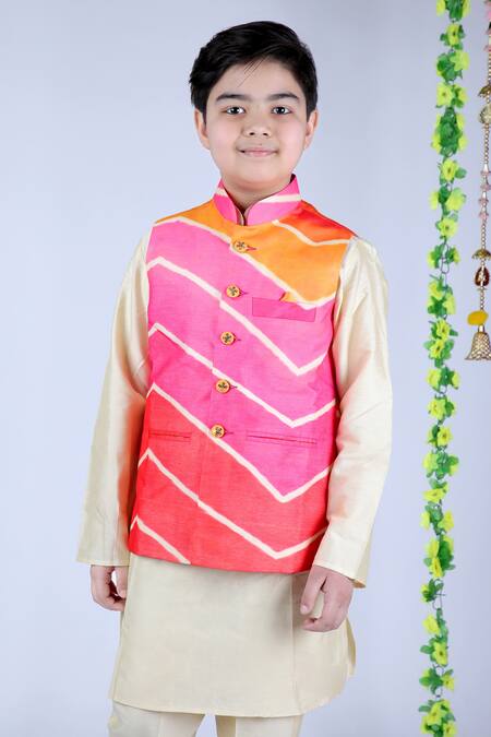 Buy_Kids Lane_Multi Color Silk, Cotton Lehriya Print Bundi And Kurta Set_Online_at_Aza_Fashions