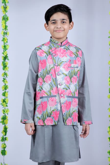 Kids Lane_Gray Silk, Cotton Sequins Floral Print Bundi And Kurta Set_Online_at_Aza_Fashions