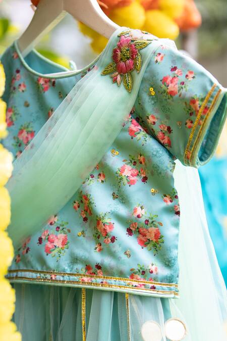 Kids Lane_Blue Crepe, Net Embroidery, Sequins, Tassels Printed Blouse And Lehenga Set_Online_at_Aza_Fashions