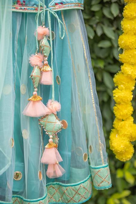 Buy_Kids Lane_Blue Crepe, Net Embroidery, Sequins, Tassels Printed Blouse And Lehenga Set_Online_at_Aza_Fashions