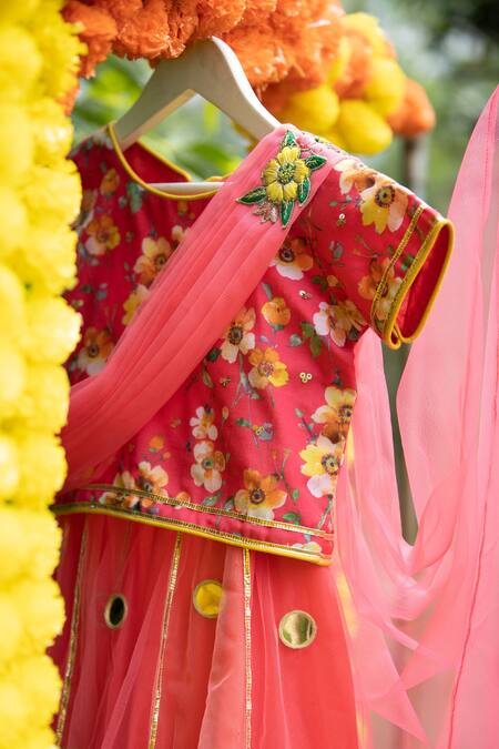 Buy_Kids Lane_Pink Crepe, Net Embroidery, Sequins, Tassels Printed Blouse And Lehenga Set_Online_at_Aza_Fashions