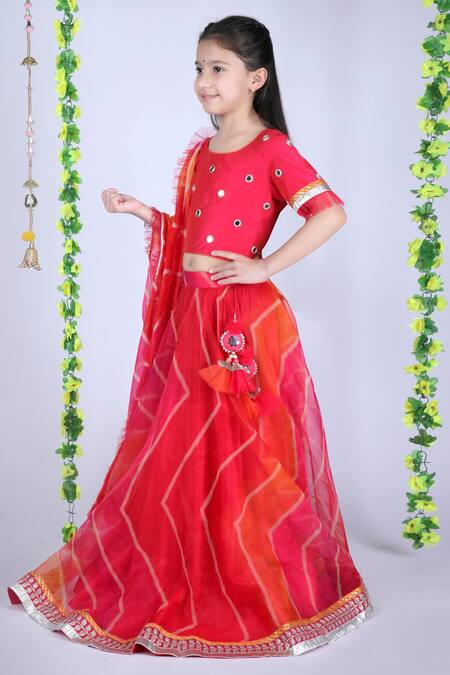 Kids Lane_Red Silk, Cotton, Organza Mirrors Lehriya Print Lehenga Set_Online_at_Aza_Fashions