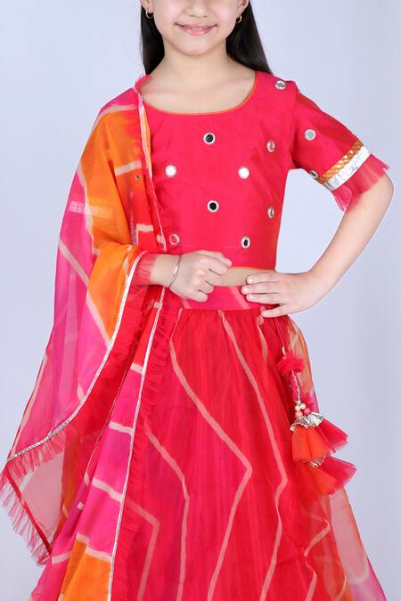 Buy_Kids Lane_Red Silk, Cotton, Organza Mirrors Lehriya Print Lehenga Set_Online_at_Aza_Fashions