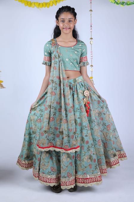 Kids Lane_Green Silk, Cotton, Chanderi, Chiffon Tassels, Beads Floral Print Lehenga Set_Online_at_Aza_Fashions
