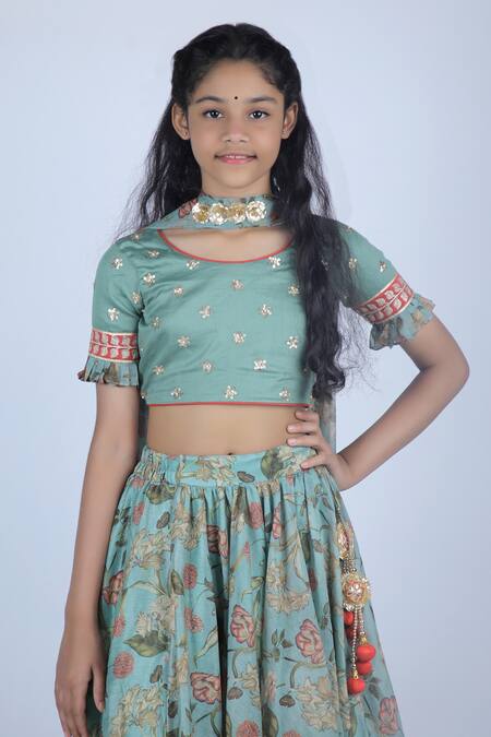 Buy_Kids Lane_Green Silk, Cotton, Chanderi, Chiffon Tassels, Beads Floral Print Lehenga Set_Online_at_Aza_Fashions