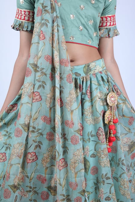 Shop_Kids Lane_Green Silk, Cotton, Chanderi, Chiffon Tassels, Beads Floral Print Lehenga Set_Online_at_Aza_Fashions