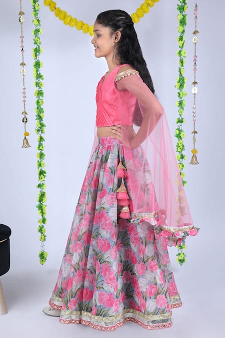 Kids Lane_Pink Silk, Cotton, Chanderi, Chiffon Tassels Tulip Print Lehenga Set_Online_at_Aza_Fashions