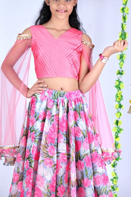 Buy Kids Lane Pink Silk, Cotton, Chanderi, Chiffon Tassels Tulip Print Lehenga Set Online at Aza Fashions Buy_Kids Lane_Pink Silk, Cotton, Chanderi, Chiffon Tassels Tulip Print Lehenga Set_Online_at_Aza_Fashions