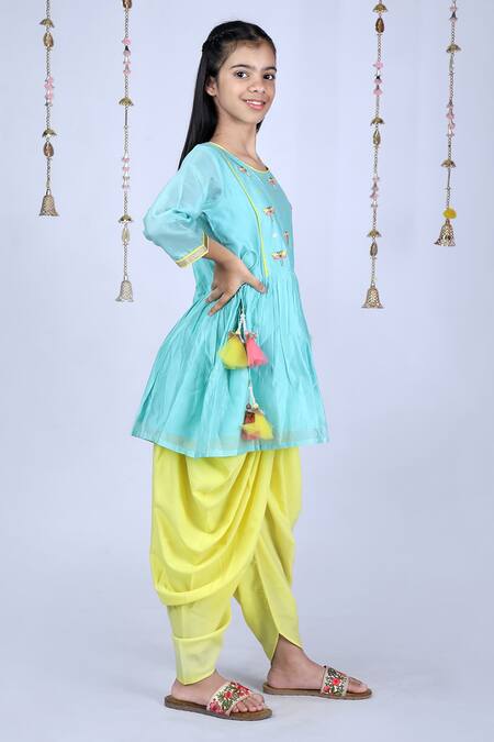 Kids Lane_Green Chanderi, Crepe Embroidery Kurta And Dhoti Pant Set_Online_at_Aza_Fashions