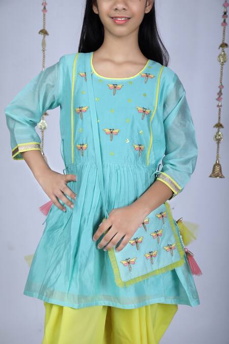Buy_Kids Lane_Green Chanderi, Crepe Embroidery Kurta And Dhoti Pant Set_Online_at_Aza_Fashions