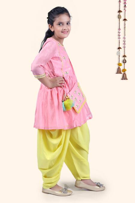 Kids Lane_Pink Chanderi, Crepe, Taffeta Embroidery Kurta And Dhoti Pant Set_Online_at_Aza_Fashions