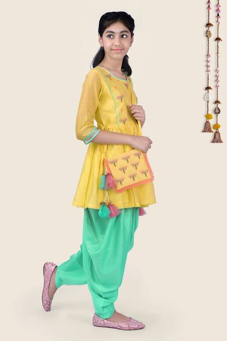 Kids Lane_Yellow Chanderi, Crepe, Taffeta Embroidery Kurta And Dhoti Pant Set_Online_at_Aza_Fashions
