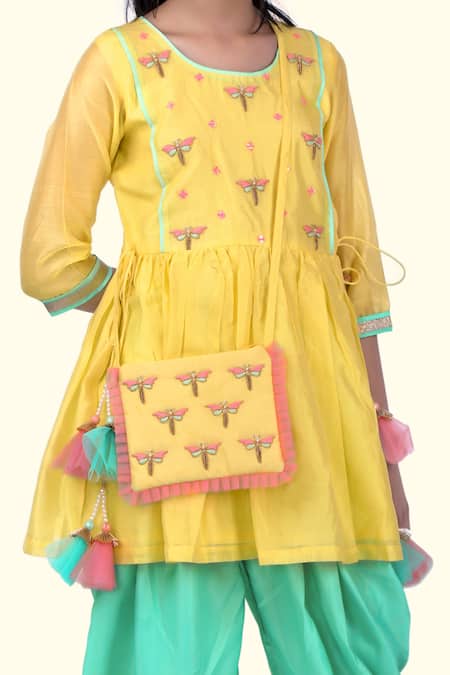 Buy_Kids Lane_Yellow Chanderi, Crepe, Taffeta Embroidery Kurta And Dhoti Pant Set_Online_at_Aza_Fashions