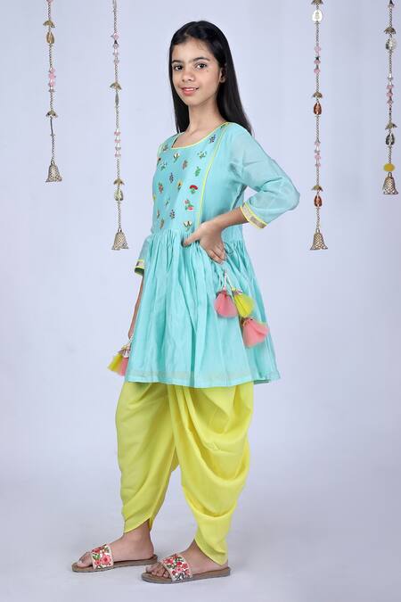 Kids Lane_Green Chanderi, Crepe Embroidery Kurta And Dhoti Pant Set_Online_at_Aza_Fashions