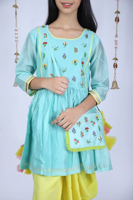 Buy_Kids Lane_Green Chanderi, Crepe Embroidery Kurta And Dhoti Pant Set_Online_at_Aza_Fashions