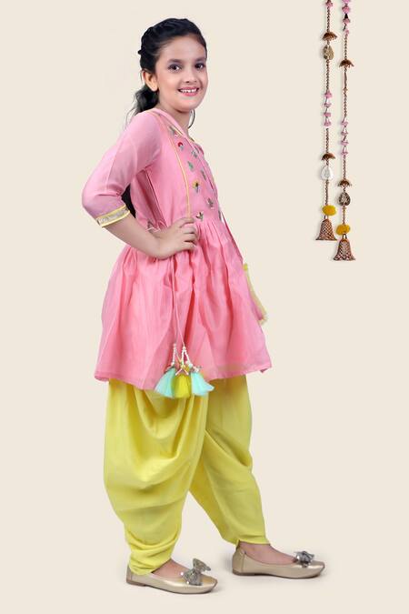 Kids Lane_Pink Chanderi, Crepe, Taffeta Embroidery Kurta And Dhoti Pant Set_Online_at_Aza_Fashions