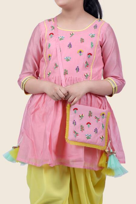 Buy_Kids Lane_Pink Chanderi, Crepe, Taffeta Embroidery Kurta And Dhoti Pant Set_Online_at_Aza_Fashions