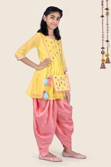 Kids Lane Yellow Chanderi, Crepe, Taffeta Embroidery Kurta And Dhoti Pant Set Online at Aza Fashions Kids Lane_Yellow Chanderi, Crepe, Taffeta Embroidery Kurta And Dhoti Pant Set_Online_at_Aza_Fashions