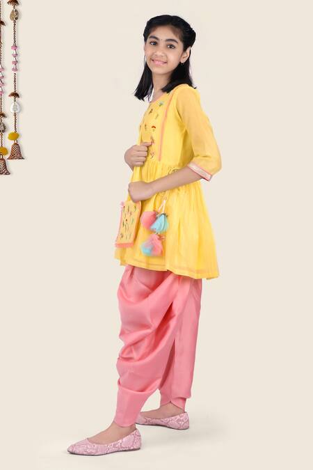 Buy Kids Lane Yellow Chanderi, Crepe, Taffeta Embroidery Kurta And Dhoti Pant Set Online at Aza Fashions Buy_Kids Lane_Yellow Chanderi, Crepe, Taffeta Embroidery Kurta And Dhoti Pant Set_Online_at_Aza_Fashions