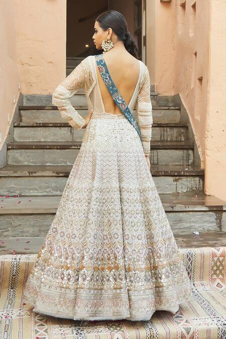 Shop_JADE BY MONICA & KARISHMA_Gold Net Embroidery V Neck Embellished Flared Gown  _at_Aza_Fashions