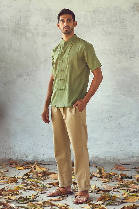 Kharakapas_Green Handloom Cotton Cryon Shirt _Online_at_Aza_Fashions