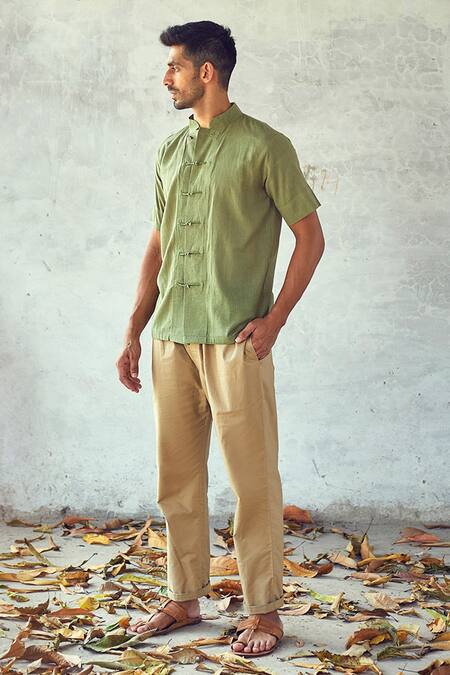 Buy_Kharakapas_Green Handloom Cotton Cryon Shirt _Online_at_Aza_Fashions