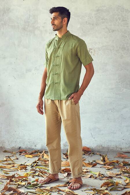 Shop_Kharakapas_Green Handloom Cotton Cryon Shirt _Online_at_Aza_Fashions