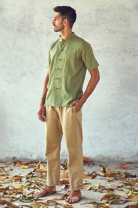 Kharakapas_Green Handloom Cotton Cryon Shirt _at_Aza_Fashions