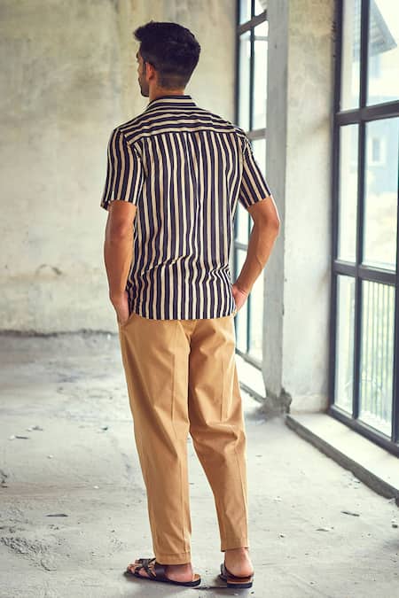 Shop Kharakapas Black Cotton Striped Smoke Shirt at Aza Fashions Shop_Kharakapas_Black Cotton Striped Smoke Shirt _at_Aza_Fashions