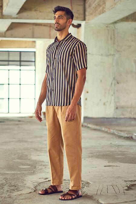 Kharakapas Black Cotton Striped Smoke Shirt Online at Aza Fashions Kharakapas_Black Cotton Striped Smoke Shirt _Online_at_Aza_Fashions