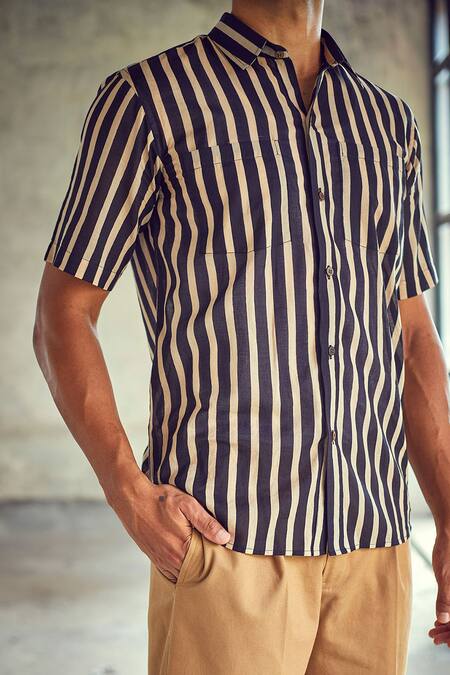 Shop Kharakapas Black Cotton Striped Smoke Shirt Online at Aza Fashions Shop_Kharakapas_Black Cotton Striped Smoke Shirt _Online_at_Aza_Fashions