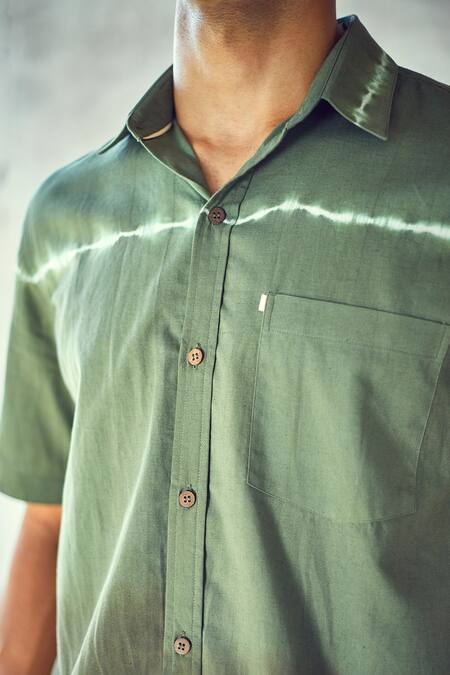Kharakapas Green Handloom Cotton Shibori Pattern Forest Ghost Shirt at Aza Fashions Kharakapas_Green Handloom Cotton Shibori Pattern Forest Ghost Shirt _at_Aza_Fashions