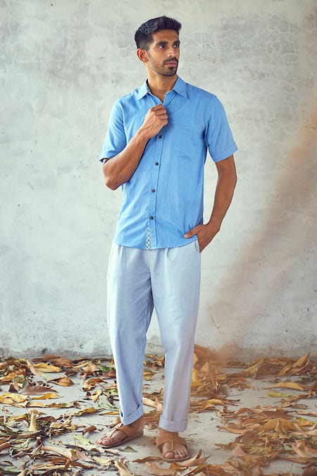 Kharakapas Blue Handloom Cotton Underline Shirt