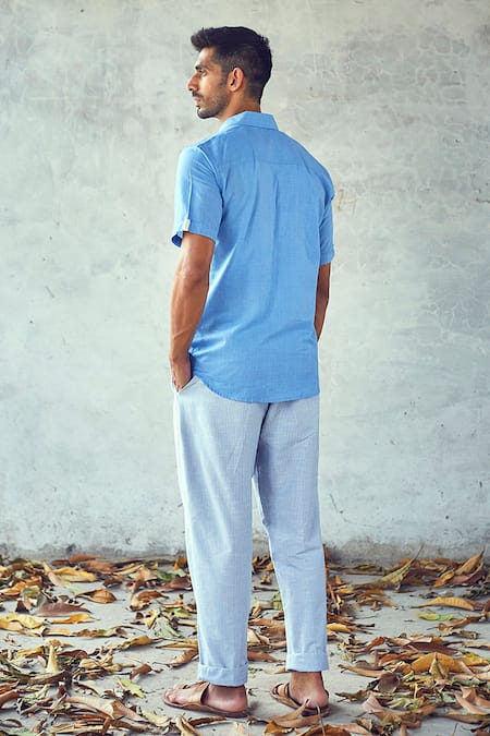 Shop Kharakapas Blue Handloom Cotton Underline Shirt at Aza Fashions Shop_Kharakapas_Blue Handloom Cotton Underline Shirt _at_Aza_Fashions