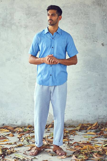 Kharakapas Blue Handloom Cotton Underline Shirt Online at Aza Fashions Kharakapas_Blue Handloom Cotton Underline Shirt _Online_at_Aza_Fashions