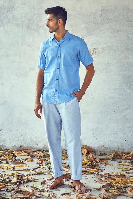 Buy Kharakapas Blue Handloom Cotton Underline Shirt Online at Aza Fashions Buy_Kharakapas_Blue Handloom Cotton Underline Shirt _Online_at_Aza_Fashions