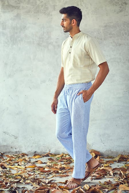 Kharakapas Off White Handloom Cotton Striped Ecru Shirt